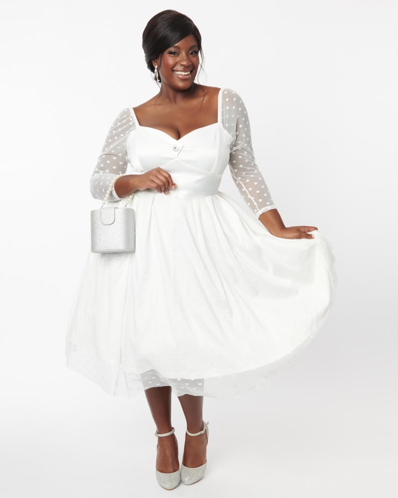 Unique Vintage Plus Size Ivory Polka Dot Lamar Bridal Swing Dress Iv